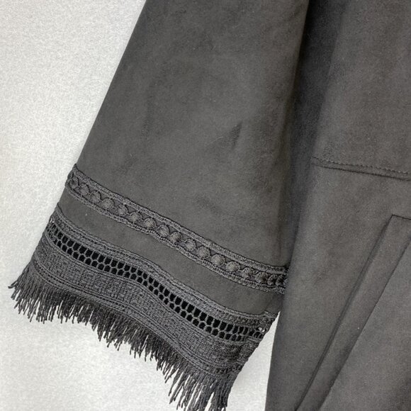 Zara‎ Faux Suede Jacket Women's Medium Black Lace Trim Boho Open Front Oversized - Picture 3 of 13